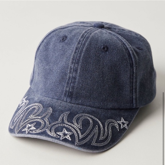 Free People Denim Reiko Baseball Hat embroidered brim NWT $38 Western Boho - Picture 3 of 6